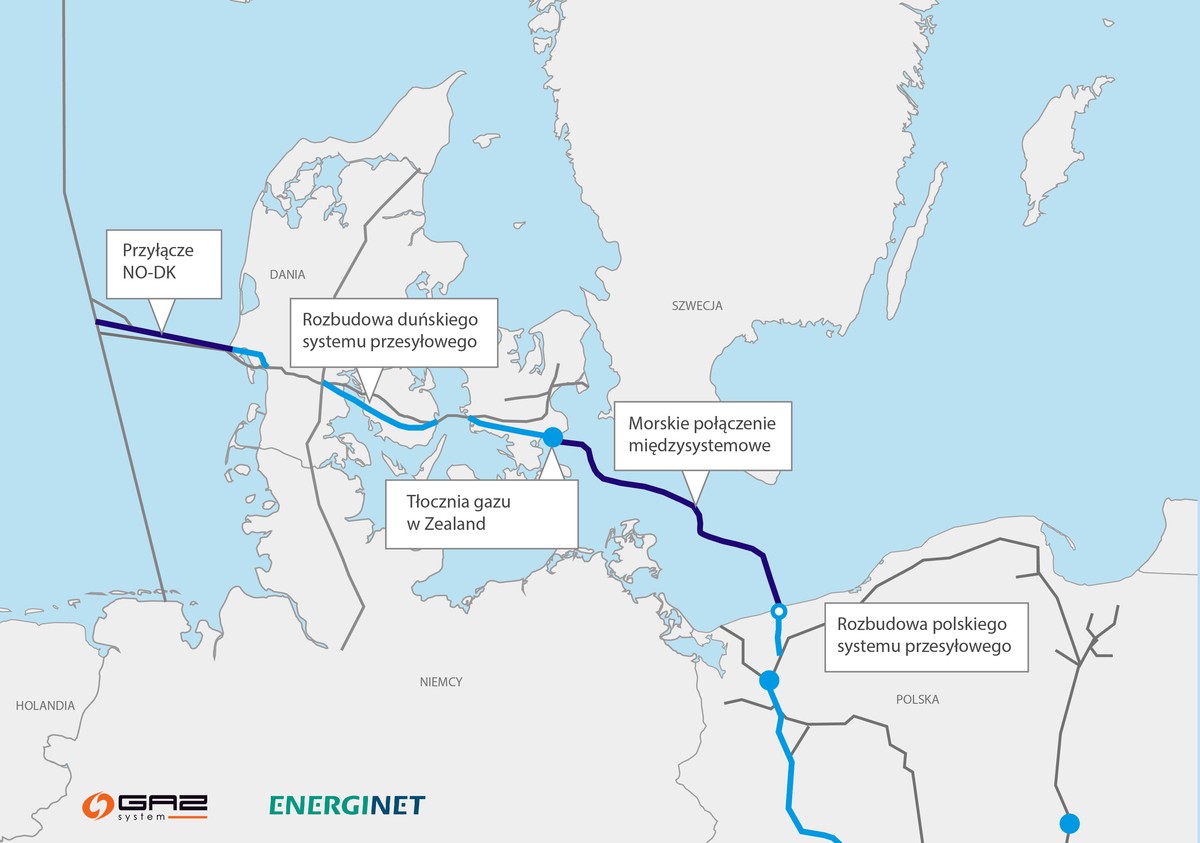 Planowany przebieg gazociągu Baltic Pipe, źródło: Gaz-System