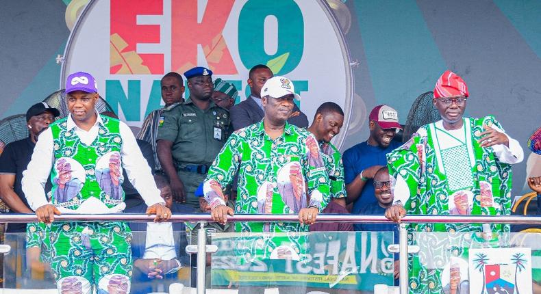 L-R: Committee chairman on Tourism, Arts and Culture, Lagos State House of Assembly, Mr Fatai Oluwa, Lagos State Deputy Gov., Dr Obafemi Hamzat and Gov. Babajide Sanwo-Olu at the opening ceremony of the 2022 National Festival of Arts and Culture (EKO NAEFST) themed: “Cultural and Peaceful Co-existence, at the Mobolaji Johnson Arena, Onikan, on Wednesday, Nov. 9, 2022..