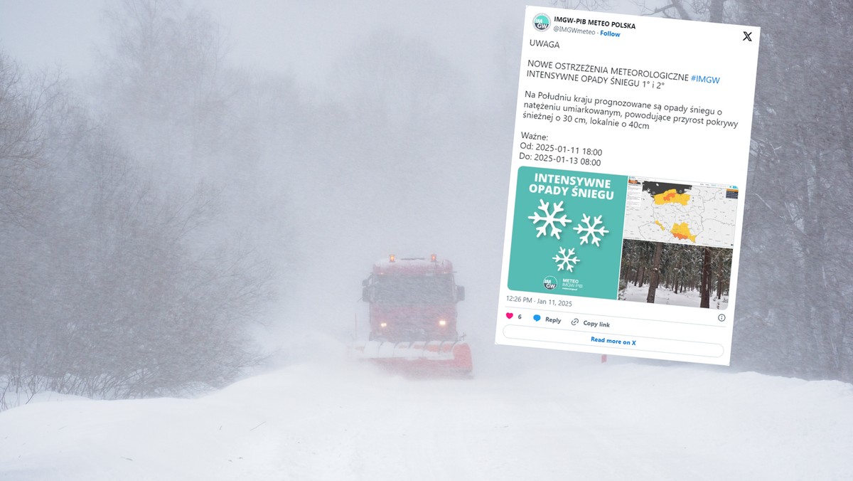 IMGW ostrzega przed intensywnymi śnieżycami. W regionach może spaść nawet 40 cm śniegu [Źródło: Onet]
