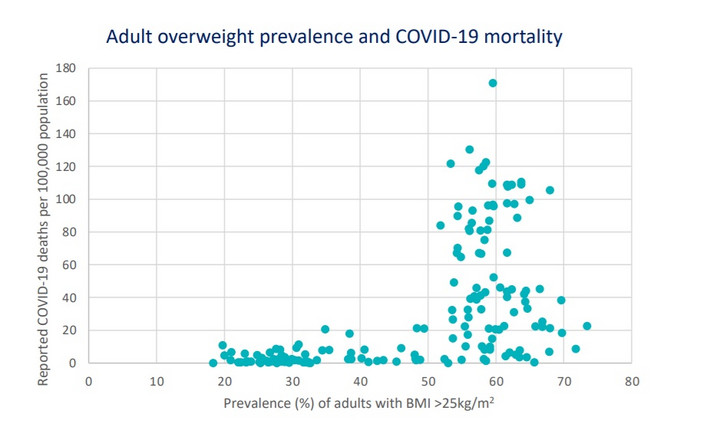 Procent populacji mającej nadwagę a śmiertelność z powodu COVID-19. Źródło: www.worldobesityday.org