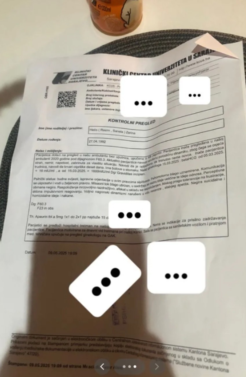 Zerina pokazala papire iz bolnice