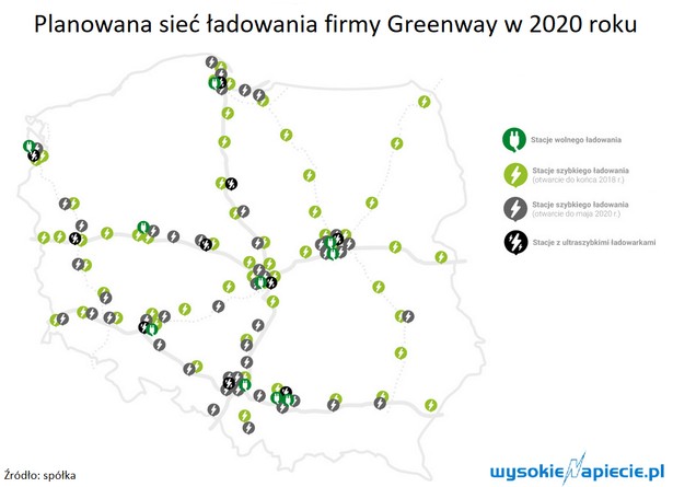 Mapa planowanych stacji do ładowania aut elektrycznych, źródło: Wysokie Napięcie