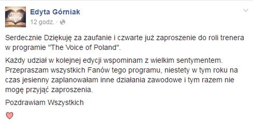 Górniak podjęła decyzję w sprawie "The Voice of Poland"