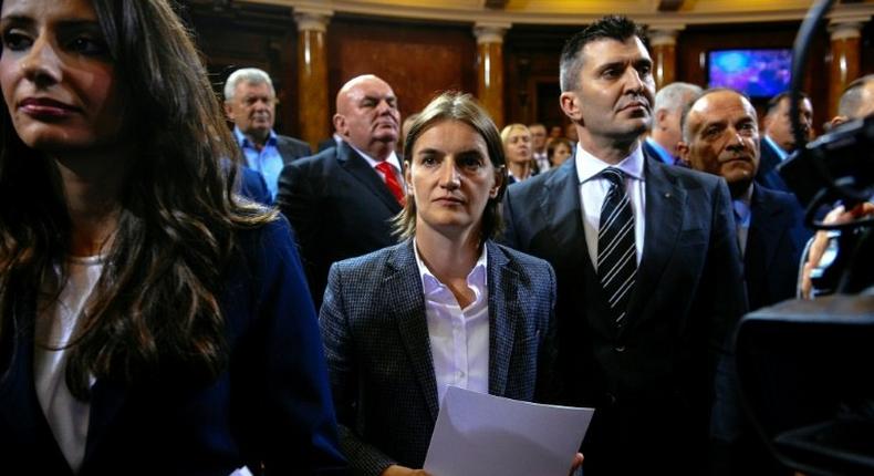 Ana Brnabic (C), pictured in 2016, will be the first openly gay premier in the conservative Balkan region and the first Serbian woman in the top job