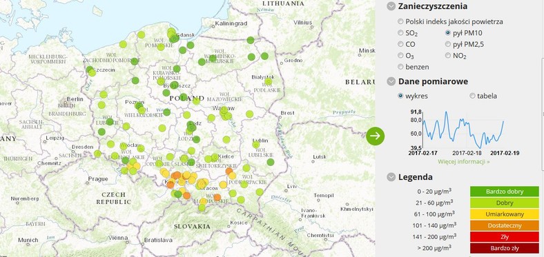 Stężenie pyłu PM10 - 2017-02-19 od godziny 8.00 do 9.00