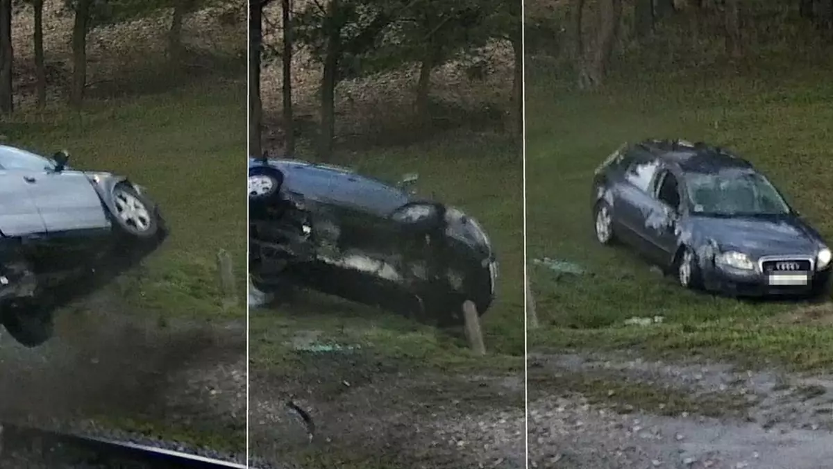 Najpierw przeleciał nad torowiskiem, później dachował. O dziwo nic mu się nie stało