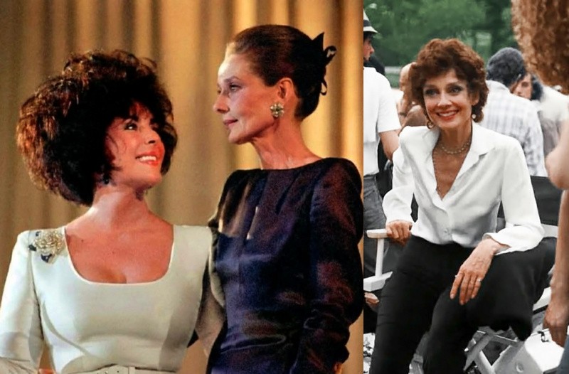 Vľavo: Audrey Hepburn a Elizabeth Taylor na charitatívnej večeri Art against AIDS, Bazilej, 1991.  Vpravo: Audrey Hepburn na pľaci filmu They All Laughed, New York, 1980. 