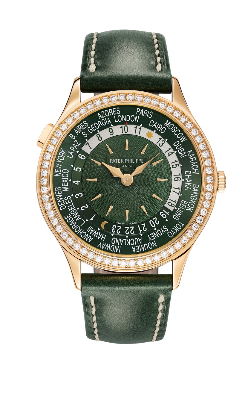 PATEK PHILIPP Weltzeituhr 7130R, Automatikaufzug mit 48 Stunden Gangreserve, 36 mm, mit Gehäuse aus Roségold, Armband aus Kalbsleder und diamantbesetzter Lünette, 49'000 Franken.