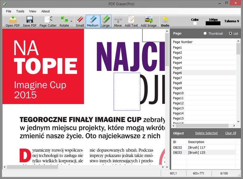 Główne okno programu do usuwania zawartości z dokumentów PDF - PDF Eraser Pro