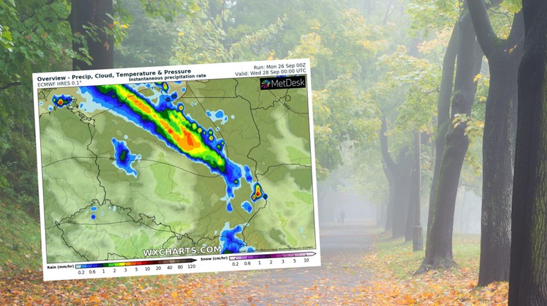 We wtorek w wielu miejscach deszcz będzie intensywny (mapa: wxcharts.com)