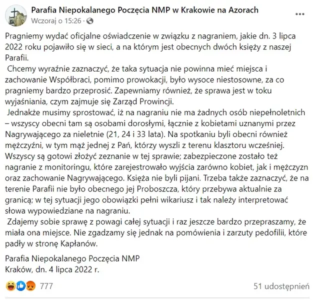 Parafia wydała oświadczenie