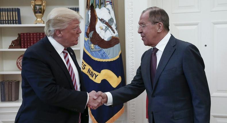 US President Donald Trump (left) and Russian Foreign Minister Sergei Lavrov, pictured at their last meeting in May 2017, where Trump was accused of sharing classified information