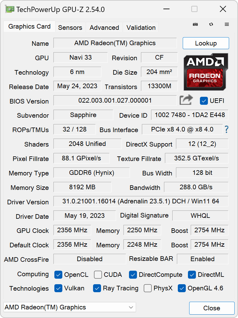 AMD Radeon RX 7600 – GPU-Z – specyfikacja modelu Sapphire Radeon RX 7600 Pulse OC