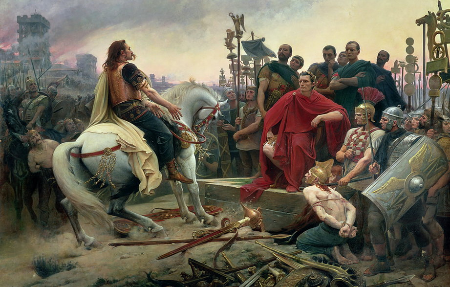 Wercyngetoryks poddaje się Juliuszowi Cezarowi po upadku obleganej Alezji