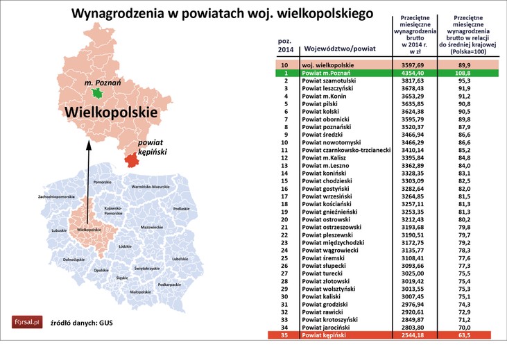 Wielkopolski rynek pracy rozwija się bardzo dynamicznie. Region ten może poszczycić się najniższym bezrobociem wśród województw (6,9 proc. na koniec lutego 2015 roku), jednak pod względem poziomu płac jest bardzo zróżnicowany. Średnie zarobki w województwie wynosiły w 2014 roku 3597 zł brutto. W samym Poznaniu, w którym stopa bezrobocia wynosi zaledwie 2,9 proc. (najniższa w Polsce) miesięczne średnie zarobki sięgają 4354 zł brutto. Jest to jedyne miasto w regionie, w którym kwota ta jest wyższa niż średnia krajowa (108 proc.). Dla porównania, w powiecie kępińskim, zamykającym ranking, zarabia się jedynie 2544 zł brutto – to 63,5 proc. średniej krajowej. Powiat kępiński jest jednocześnie rekordzistą Polski, jeśli chodzi o najniższe wynagrodzenie w powiatach.<br>

<br>Wielkopolska przyciąga inwestorów jak magnes. W Kostrzynie swoją polską siedzibę ma portugalski gigant Jeronimo Martins, właściciel marek Biedronka i Hebe. Wśród wielkich spółek obecnych w regionie wymienić też należy m.in. Grupę Eurocash (Komorniki), Volkswagena (Poznań), Eneę (Poznań) czy Imperial Tobacco (Tarnowo Podgórne). W ubiegłym roku w Sadach pod Poznaniem swój magazyn otworzył amerykański Amazon. Z kolei w Białężycach koło Wrześni powstaje ogromna fabryka Volkswagena, w której rocznie będzie powstawać ok. 85 tys. aut.<br>

<br>Wielkopolska zajmuje trzecie miejsce w Polsce pod względem PKB na mieszkańca – w 2012 roku wskaźnik ten przekraczał 44 tys. zł i stanowił 106,3 proc. średniej dla Polski.