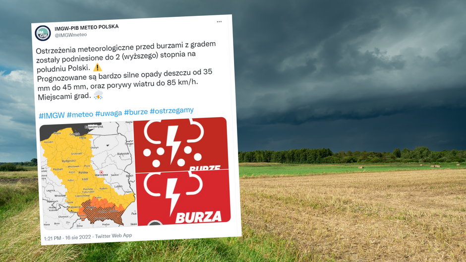 Kolejny burzowy dzień nad Polską (screen: Twitter.com/IMGWmeteo)