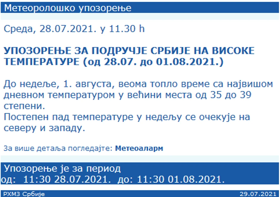 Upozorenje važi do 1. avgusta