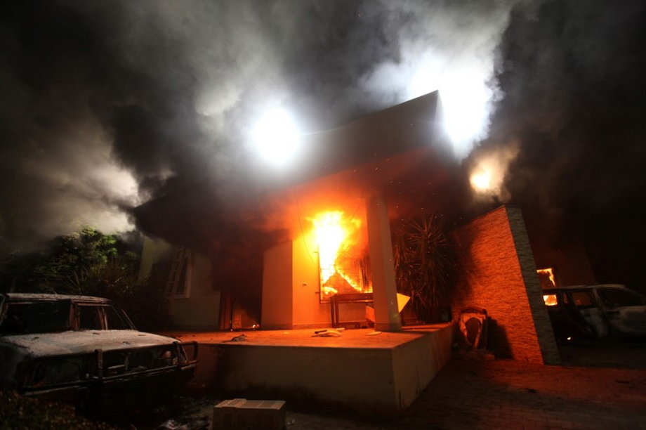 The US Consulate in Benghazi in flames during a protest.