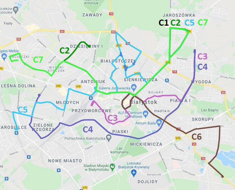 Przebiegi tras autobusowych linii specjalnych w Białymstoku