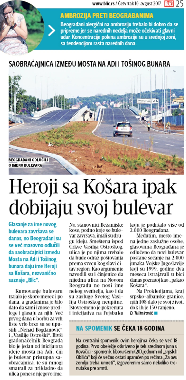 "Blic" najavio juče u novinama