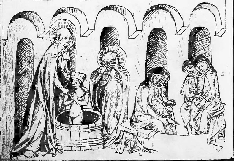 Święta Jadwiga śląska nie tylko sama stosowała przerażające praktyki higieniczne, ale i przeprowadzała je na własnym wnuku Bolesławie, i to na oczach synowej. Na ilustracji XV-wieczna miniatura