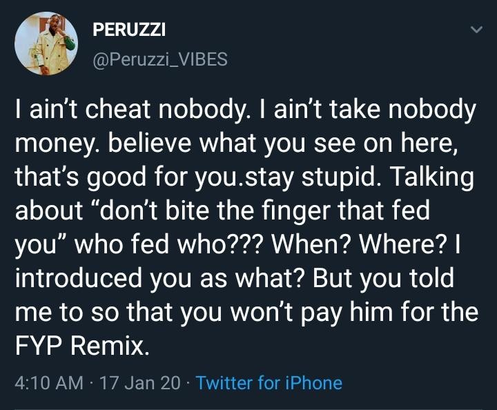 Peruzzi responds to former label boss on claims that he breached his contract. (Twitter/Peruzzi_Vibes)