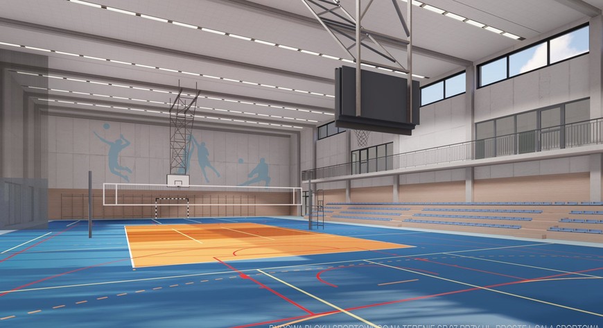 Tak będzie wyglądać pełnowymiarowa sala sportowa (46 x 25 metrów, wysokość 9 metrów) z boiskiem do piłki ręcznej, koszykówki i siatkówki. 