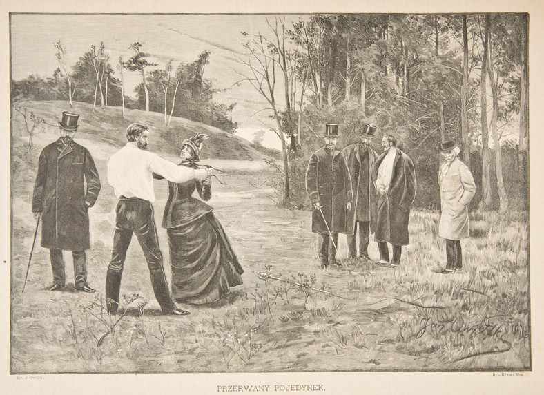 Przerwany pojedynek według obrazu Jana Owidzkiego "Wycinek z Kłosów" (1887)