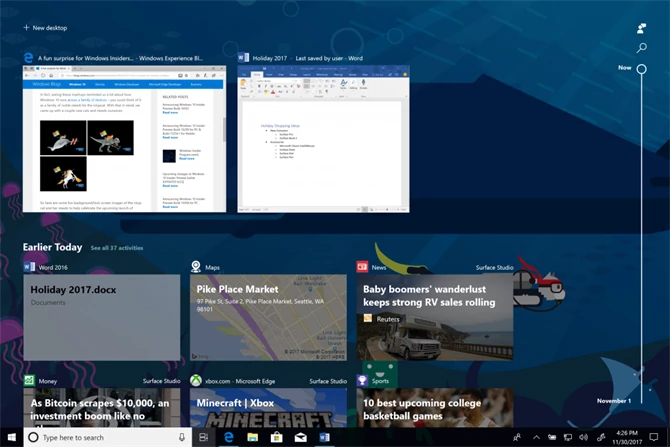 Timeline z Windows 10 Insider Preview build 17063