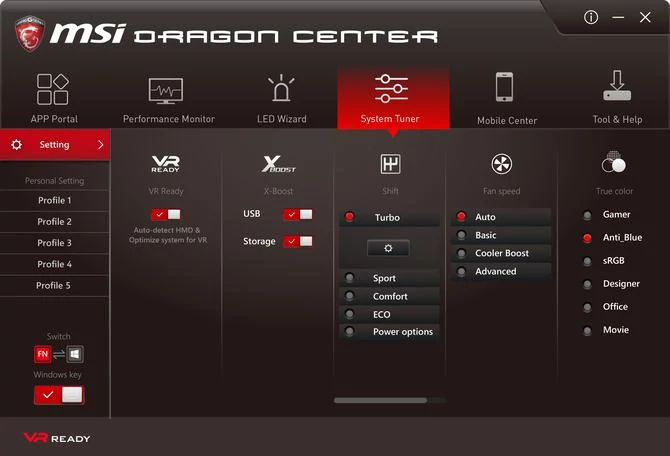 MSI Dragon Center - oprogramowanie komputera VR One