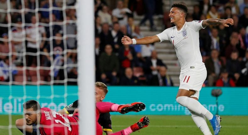 Teenage dreams: Jadon Sancho, 19, scored his first two England goals against Kosovo