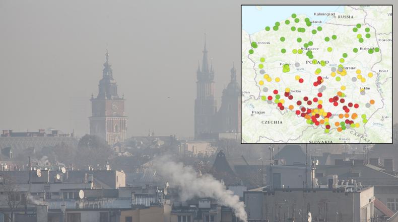 Trująca zawiesina nad Polską. Smog znów spowija wiele regionów w naszym kraju (mapa: GIOŚ)