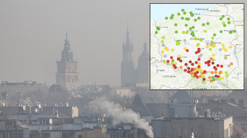 Trująca zawiesina nad Polską. Smog znów spowija wiele regionów w naszym kraju (mapa: GIOŚ)