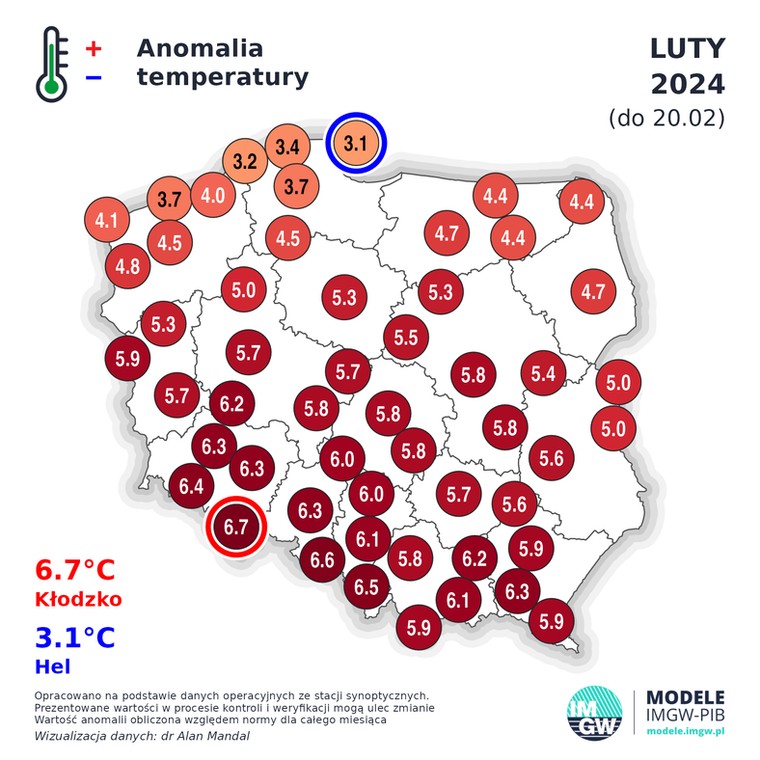 Na południu luty jest cieplejszy od normy o prawie 7 st. C