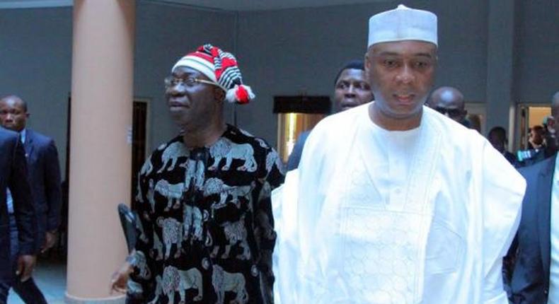 Senate President, Bukola Saraki and his deputy, Ike Ekweremadu at the Federal High Court in Abuja on June 27, 2016,