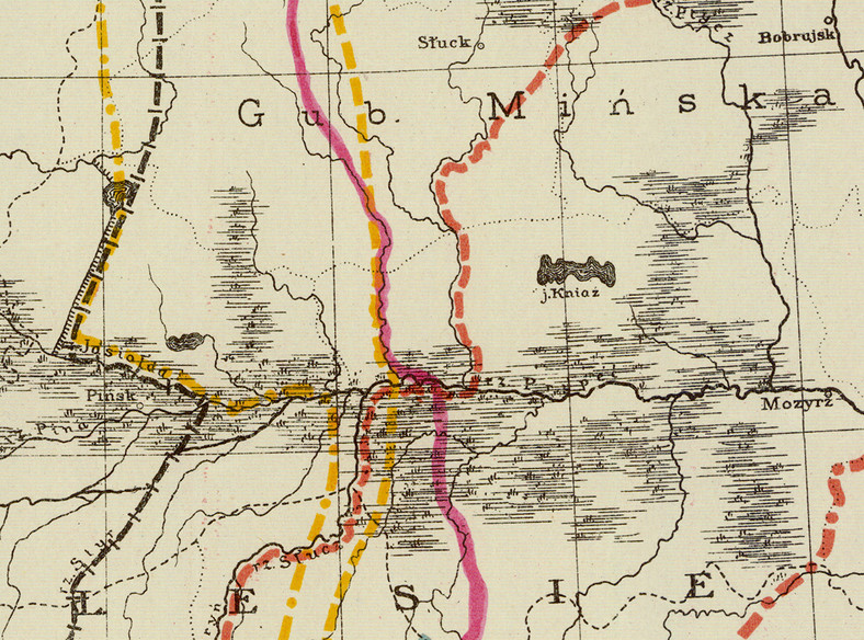 Proponowane linie graniczne w byłej Guberni Mińskiej. Widoczny na mapie Pińsk znalazł się na mocy traktatu ryskiego w Polsce. Słuck – w ZSRR.