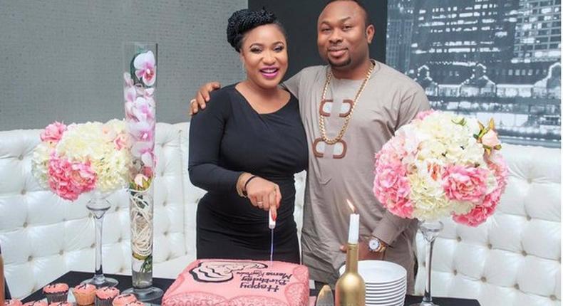 Tonto Dikeh and Churchill Olakunle Oladunni at her surprise birthday party