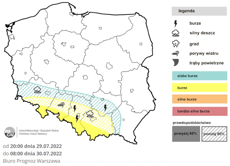 W nocy opady i burze zaczną się powoli rozprzestrzeniać.