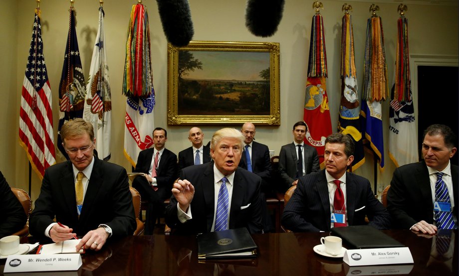 Trump hosting a meeting with business leaders in the Roosevelt Room of the White House on January 23.