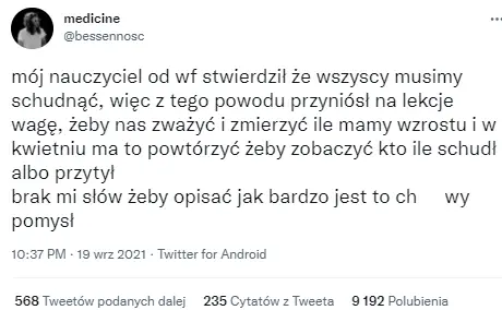 Użytkowniczka Twittera napisała o swoich doświadczeniach z lekcjami wf-u / @bezsennosc Twitter