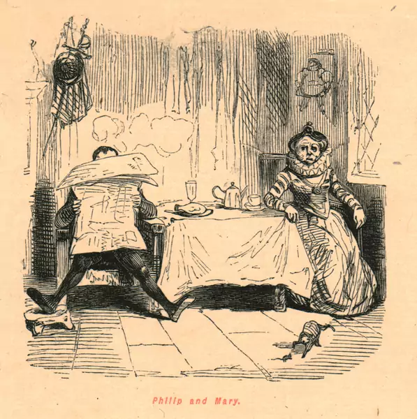Satyryczna ilustracja z XIX w. przedstawiająca Marię I i ignorującego ją jej męża, króla Filipa / Getty Images