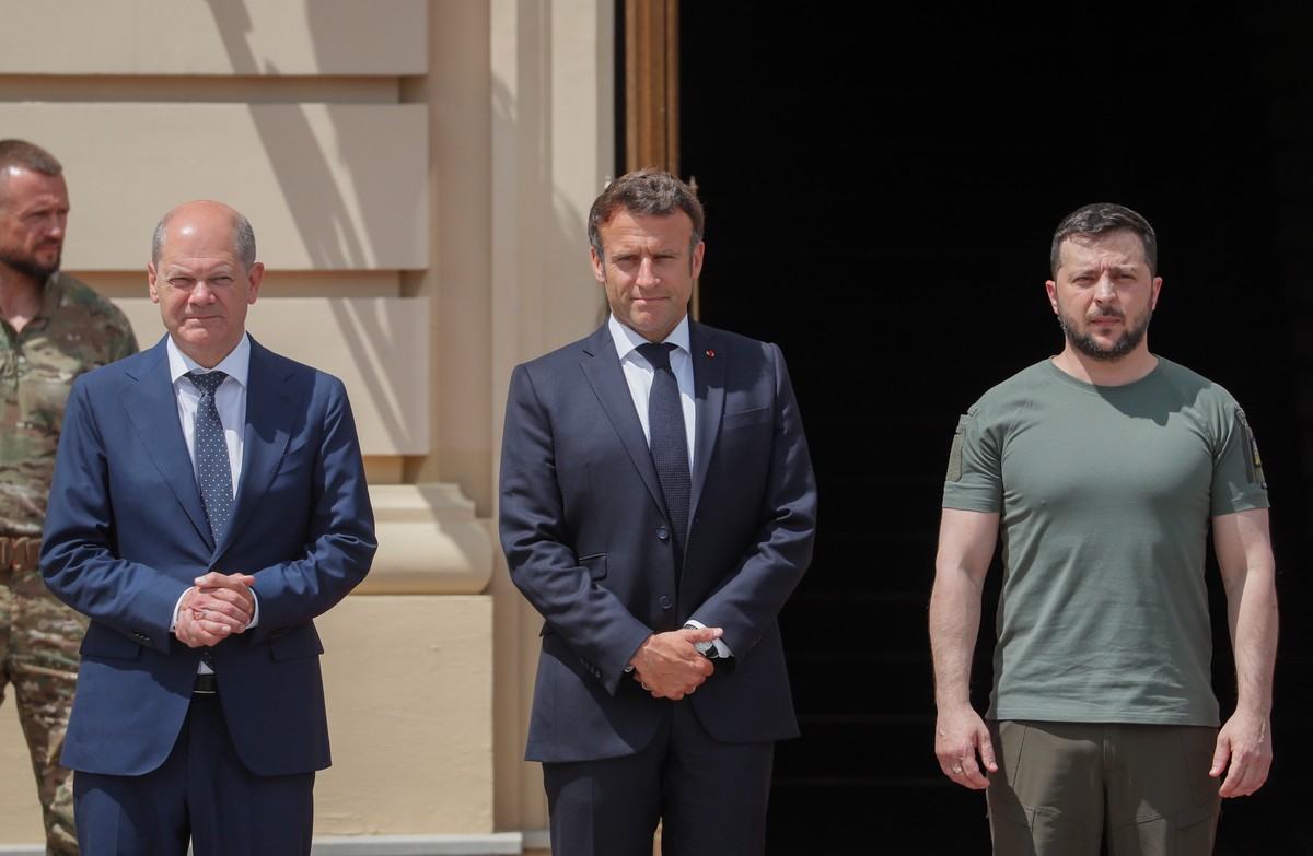 Olaf Scholz, Emmanuel Macron i Wołodymyr Zełenski