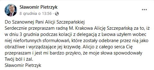 Przeprosiny zamieszczone przez wiceszefa krakowskiej rady