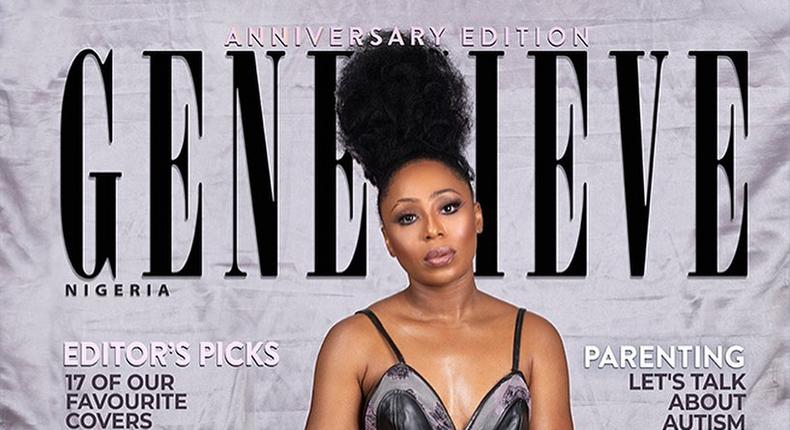 Dakore Egbuson-Akande sits pretty on the anniversary cover of Genevieve Magazine [Instagram/ Dakore Egbuson-Akande]