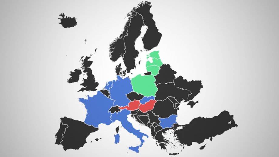 Polska i państwa bałtyckie (kolor zielony) naciskają na wprowadzenie sankcji, Węgry i Austria (kolor czerwony) są głównymi hamulcowymi