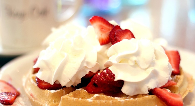 waffles strawberries whipped cream breakfast dessert yum