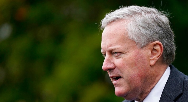 Then-White House chief of staff Mark Meadows speaks with reporters outside the White House on October 26, 2020.