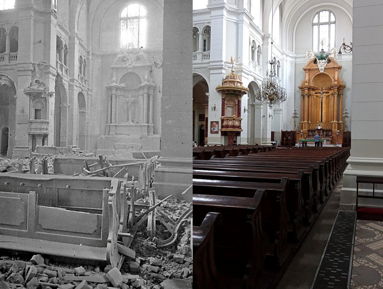 Wnętrze kościoła po wojnie i  obecnie