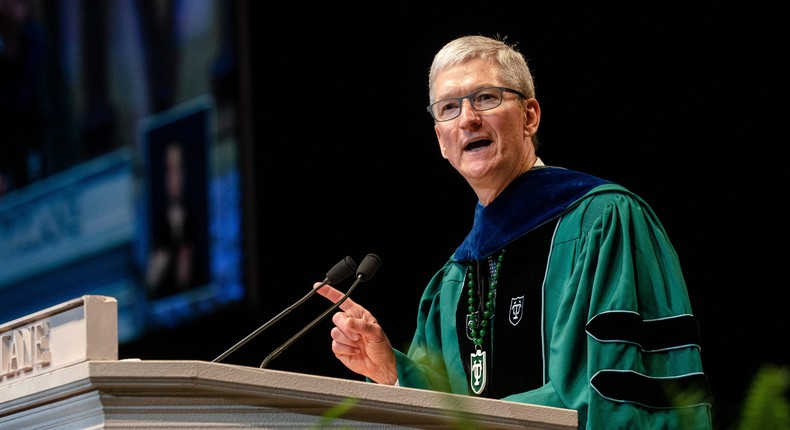 Tim Cook speaks at Tulane University's commencement in 2019.Josh Brasted/Getty Images