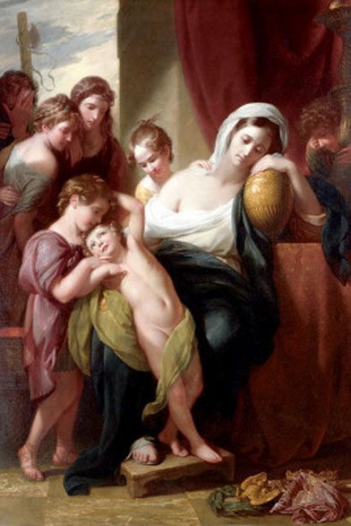Agrypina wraz z dziećmi nad urną z prochami Germanika (aut. Benjamin West, 1773, domena publiczna)